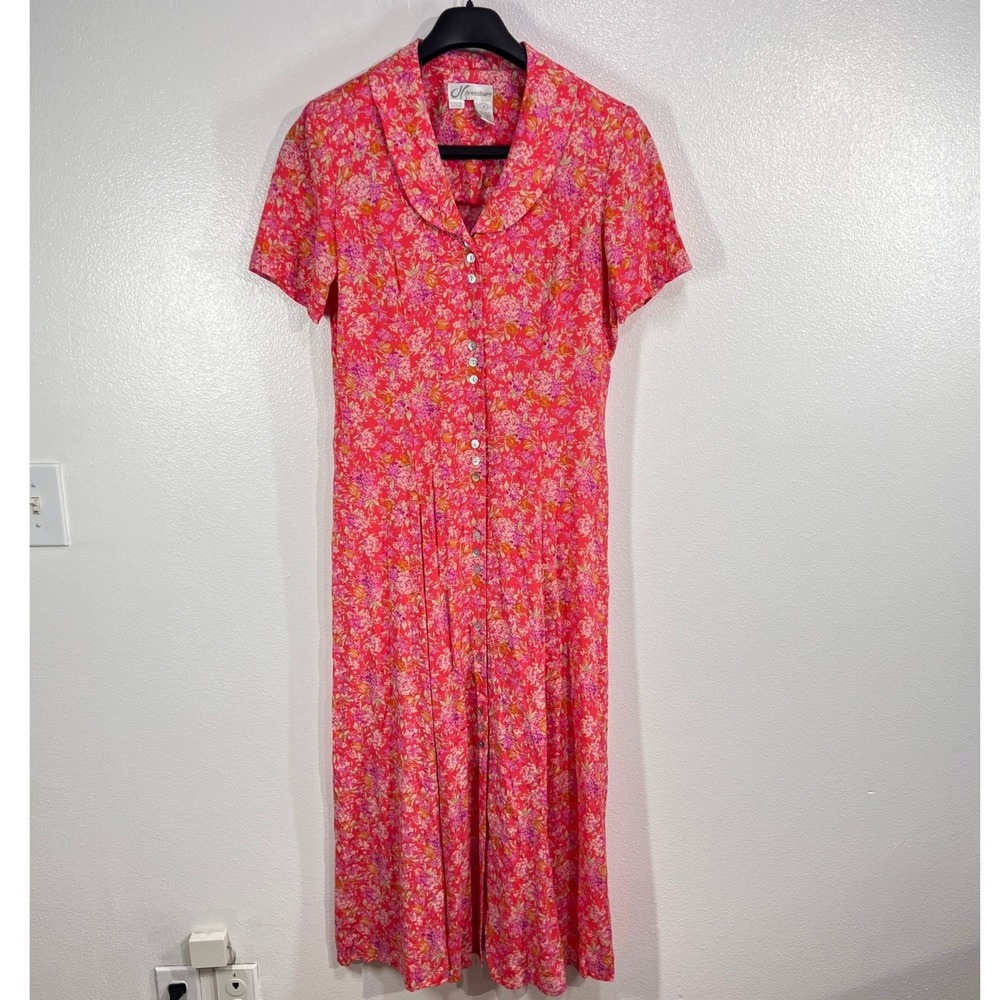 Vtg. Dressbarn Floral Print Button Front Midi Dress Women‎ 10 Pink Short Sleeve - Picture 2 of 10